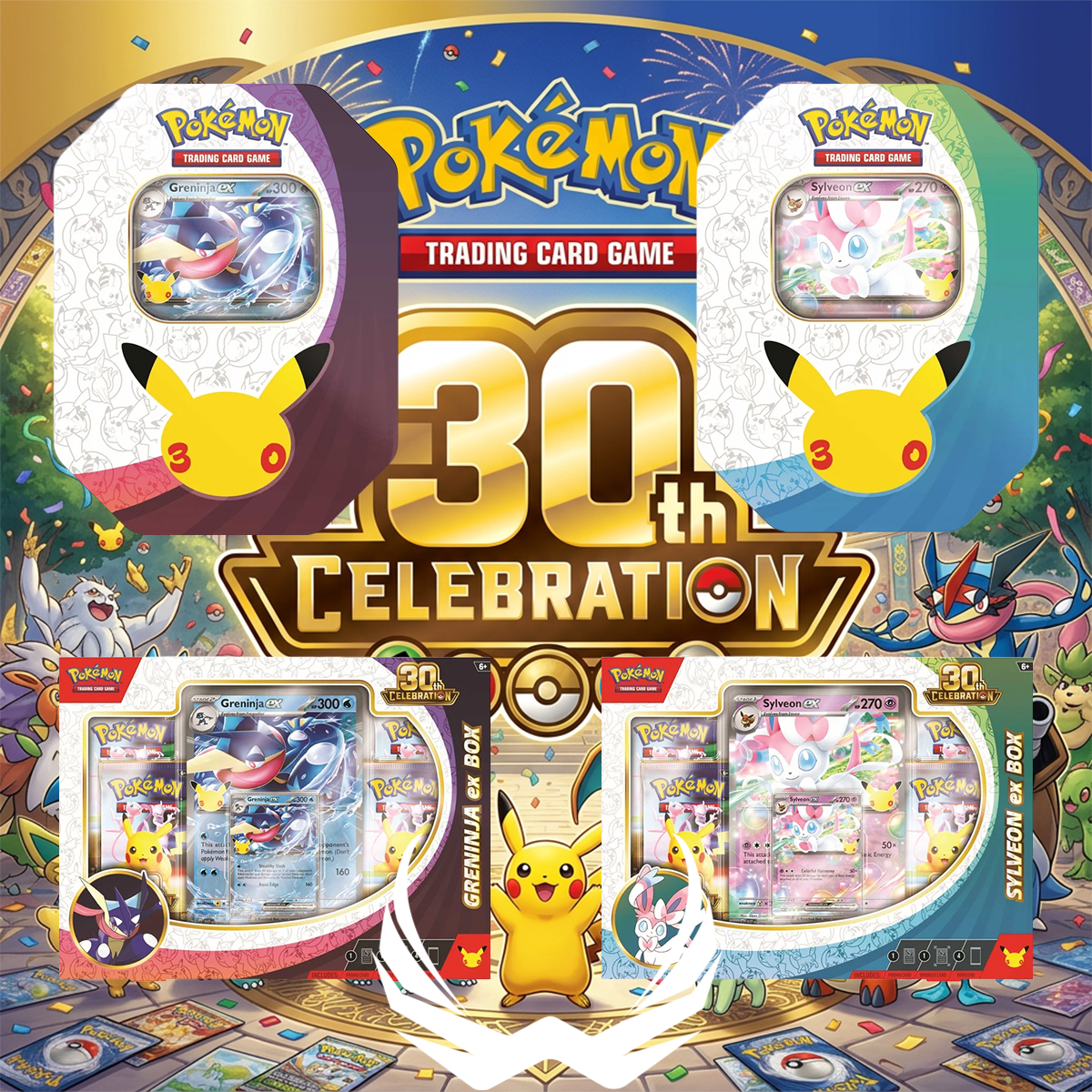 Pokemon 30th Anniversary Greninja and Sylveon EX Box and Tin Combo